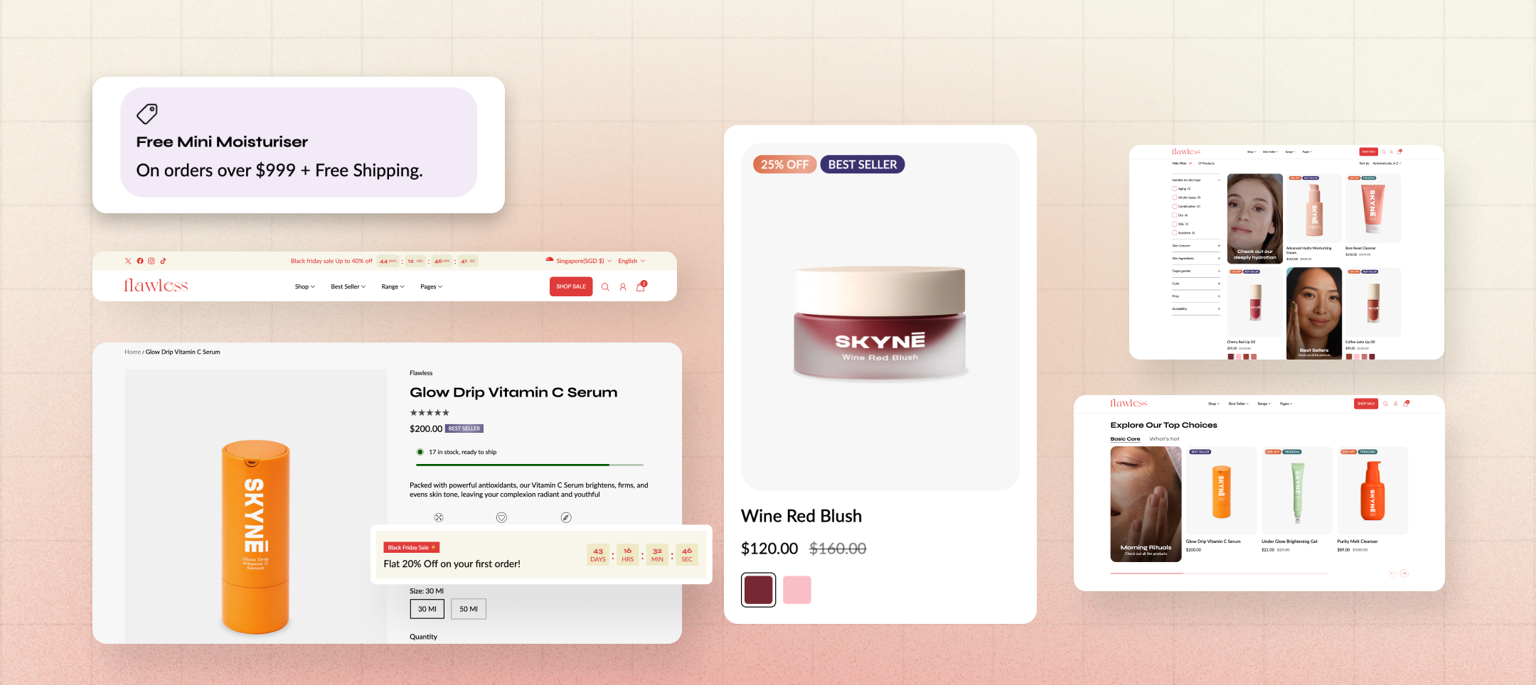 A modern Shopify store layout with animated sale cues and countdown timers showing conversion design psychology.