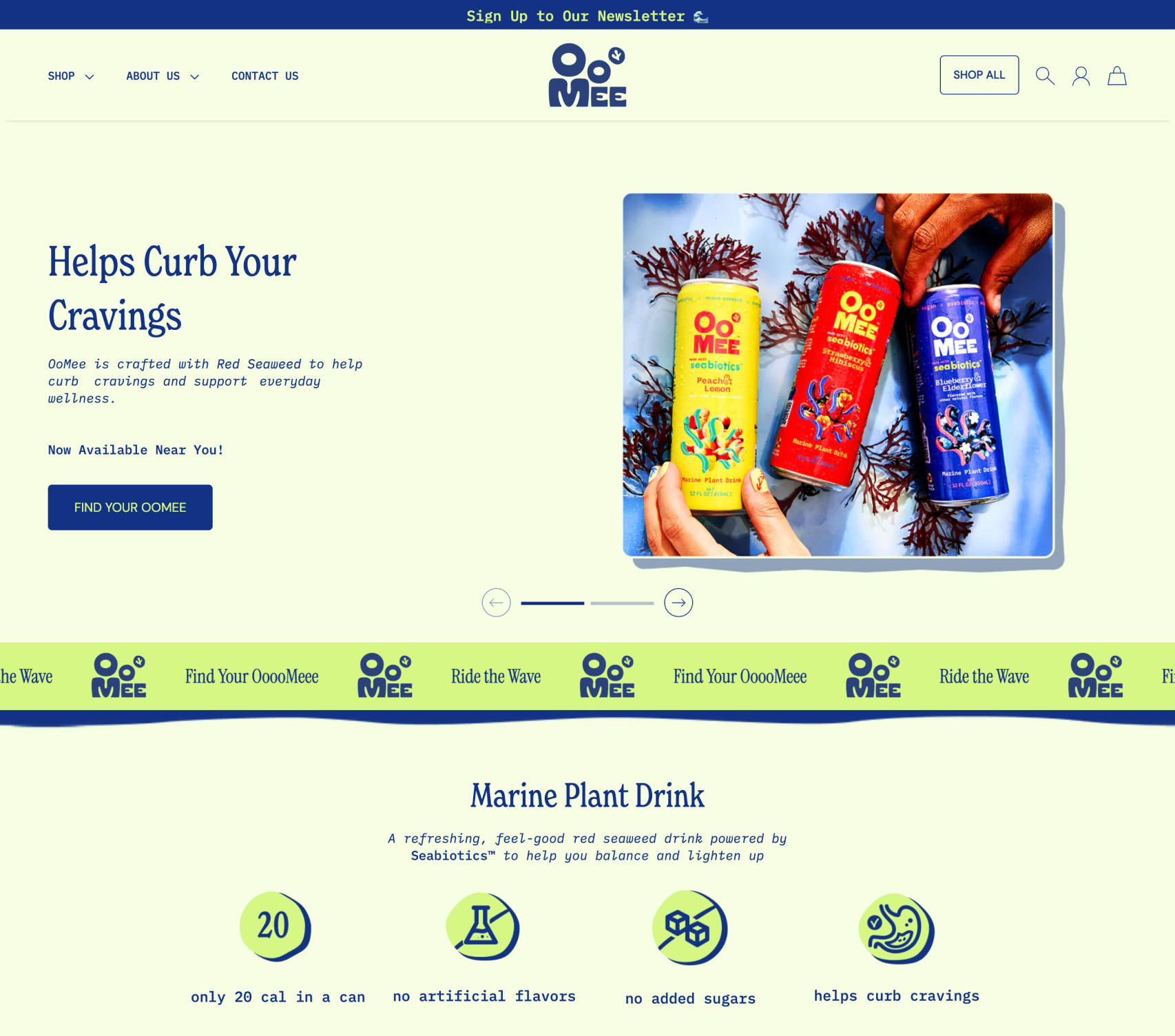 Oo Mee product page with images of drinks and text about helping cravings.