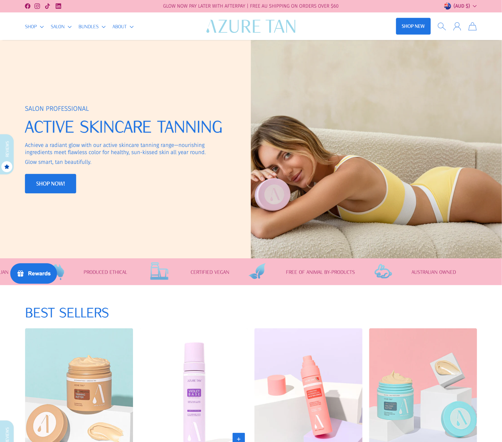 Website page for Azure Tan with a woman lying on a couch and product images.