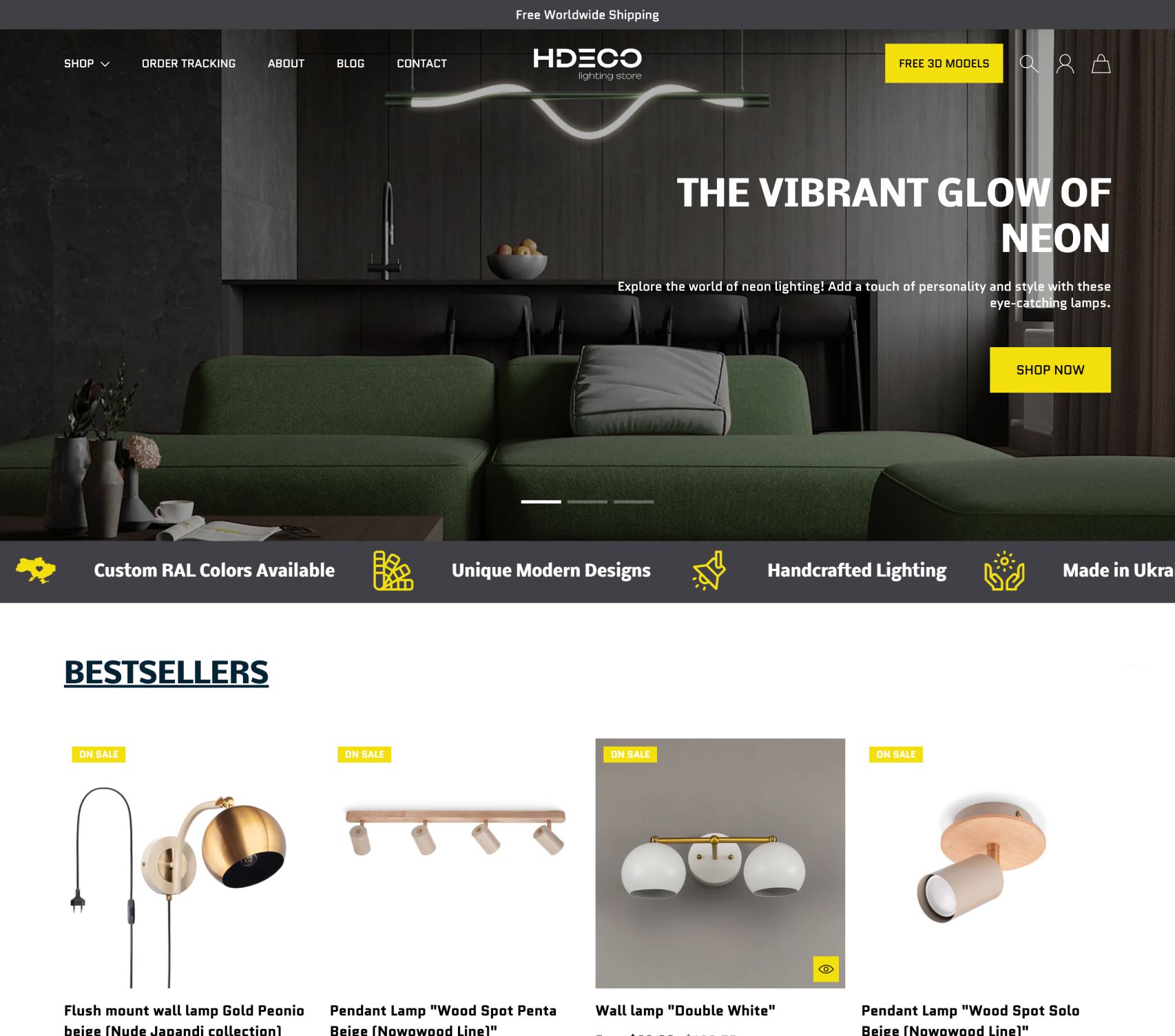 HDECO website homepage with neon lighting products and promotional text.