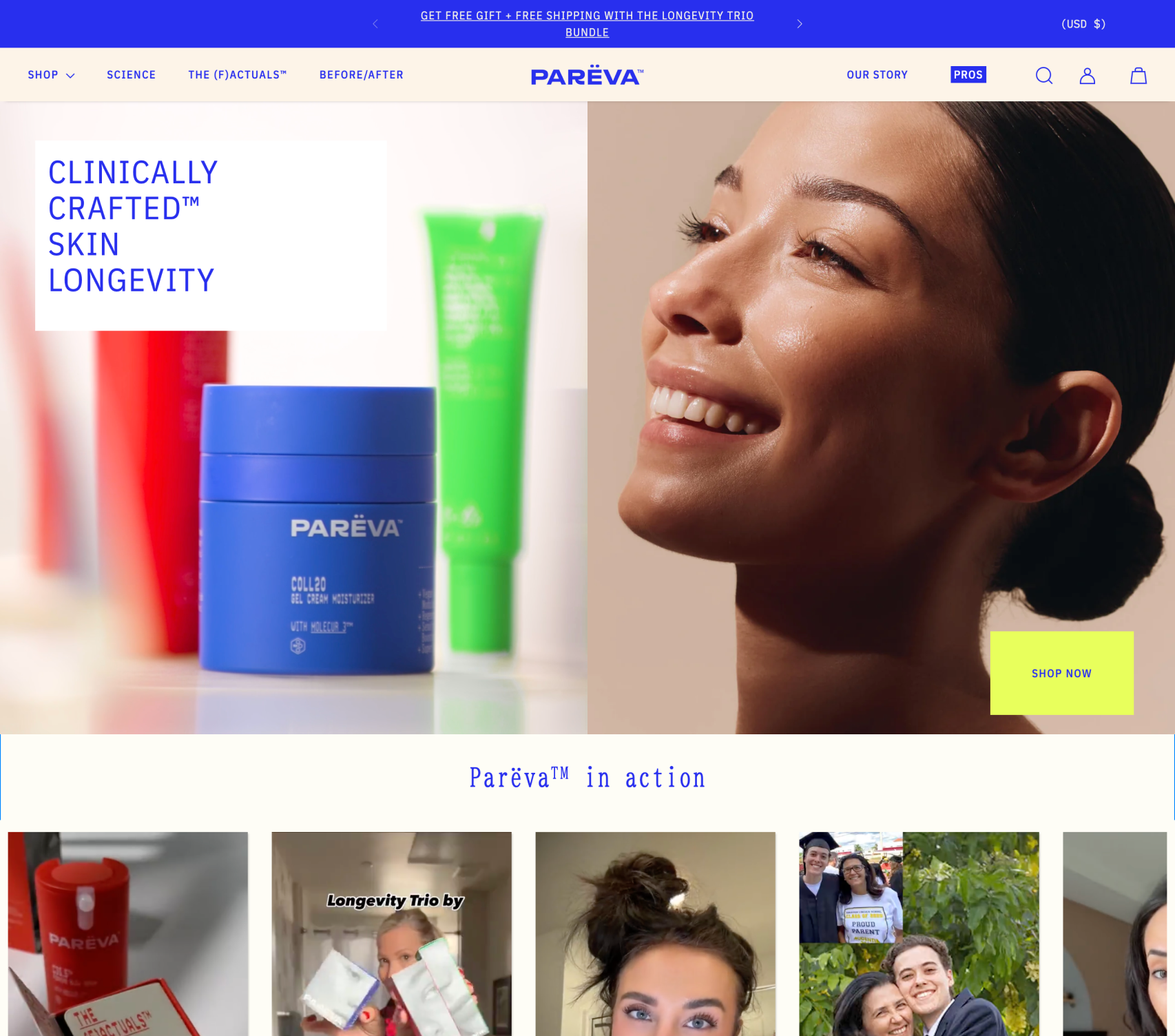 Pareva skincare products with a woman's face and promotional text on a website homepage.