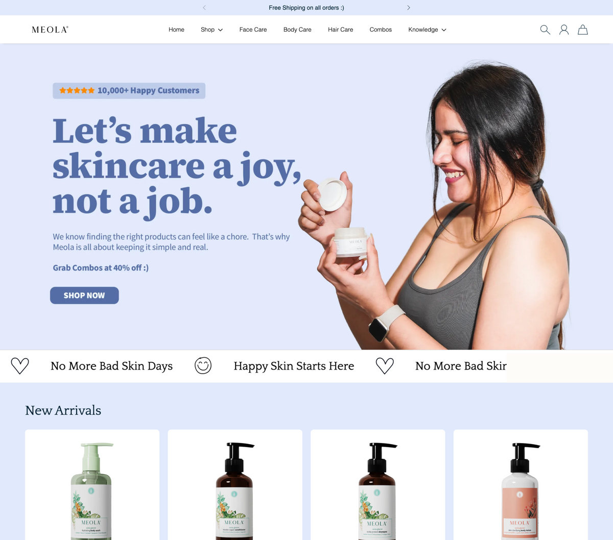 MEOLA skincare website homepage with a woman holding skincare products and text about making skincare a joy.