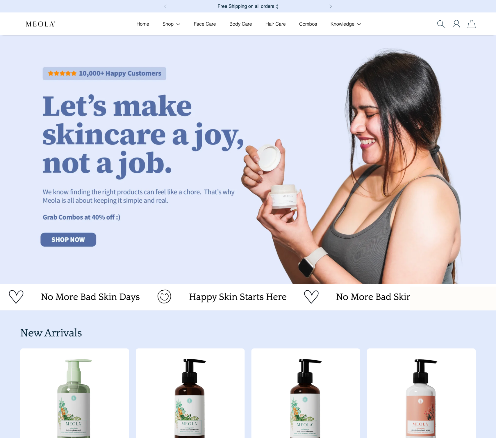 MEOLA skincare website homepage with a woman holding skincare products and text about making skincare a joy.