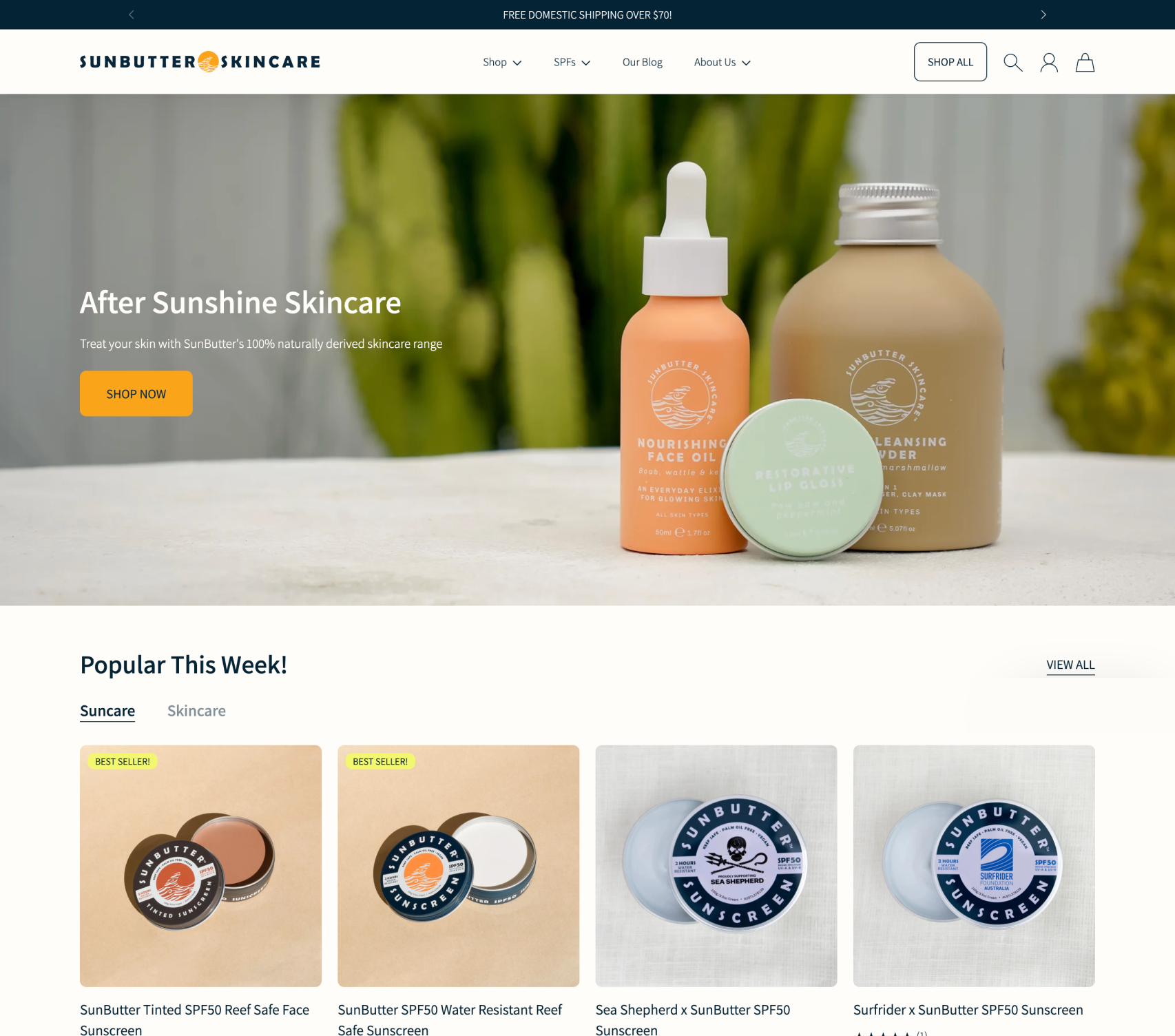 Sunbutter skincare products on a website homepage with 'After Sunshine Skincare' text.