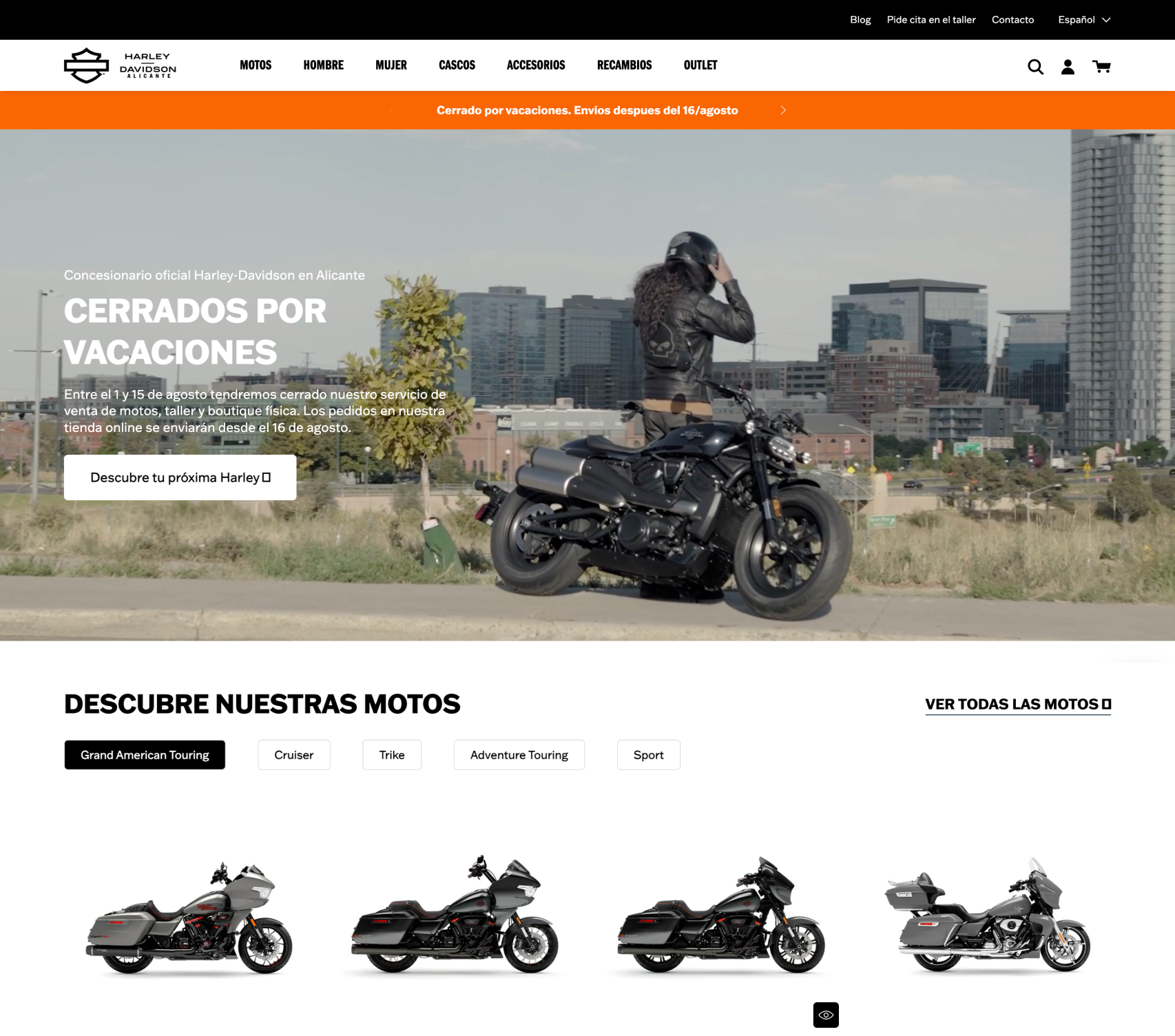 Harley-Davidson website homepage with motorcycle and cityscape background
