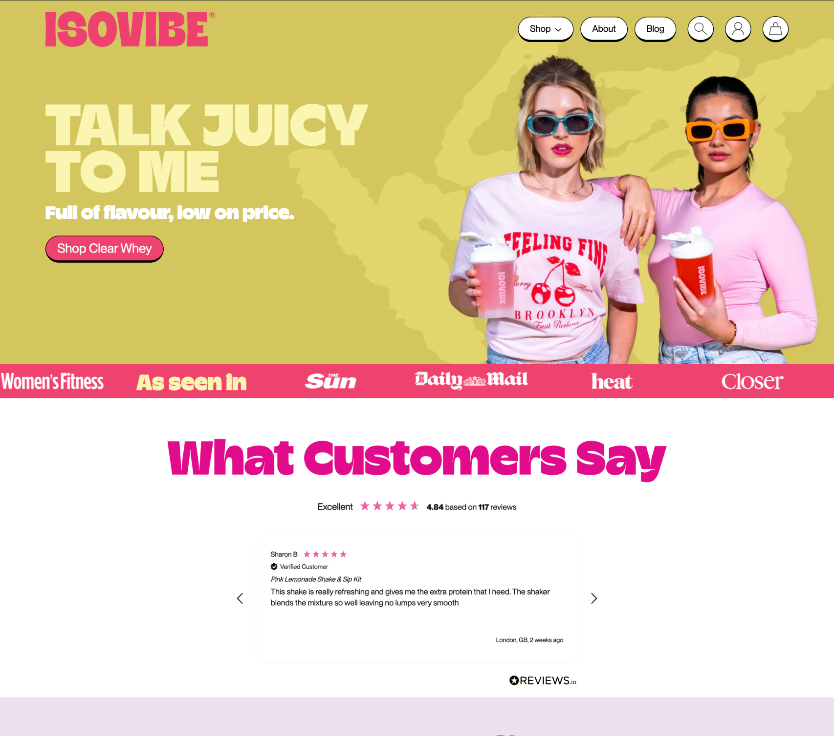 ISOVIBE website with two women holding drinks against a yellow background.