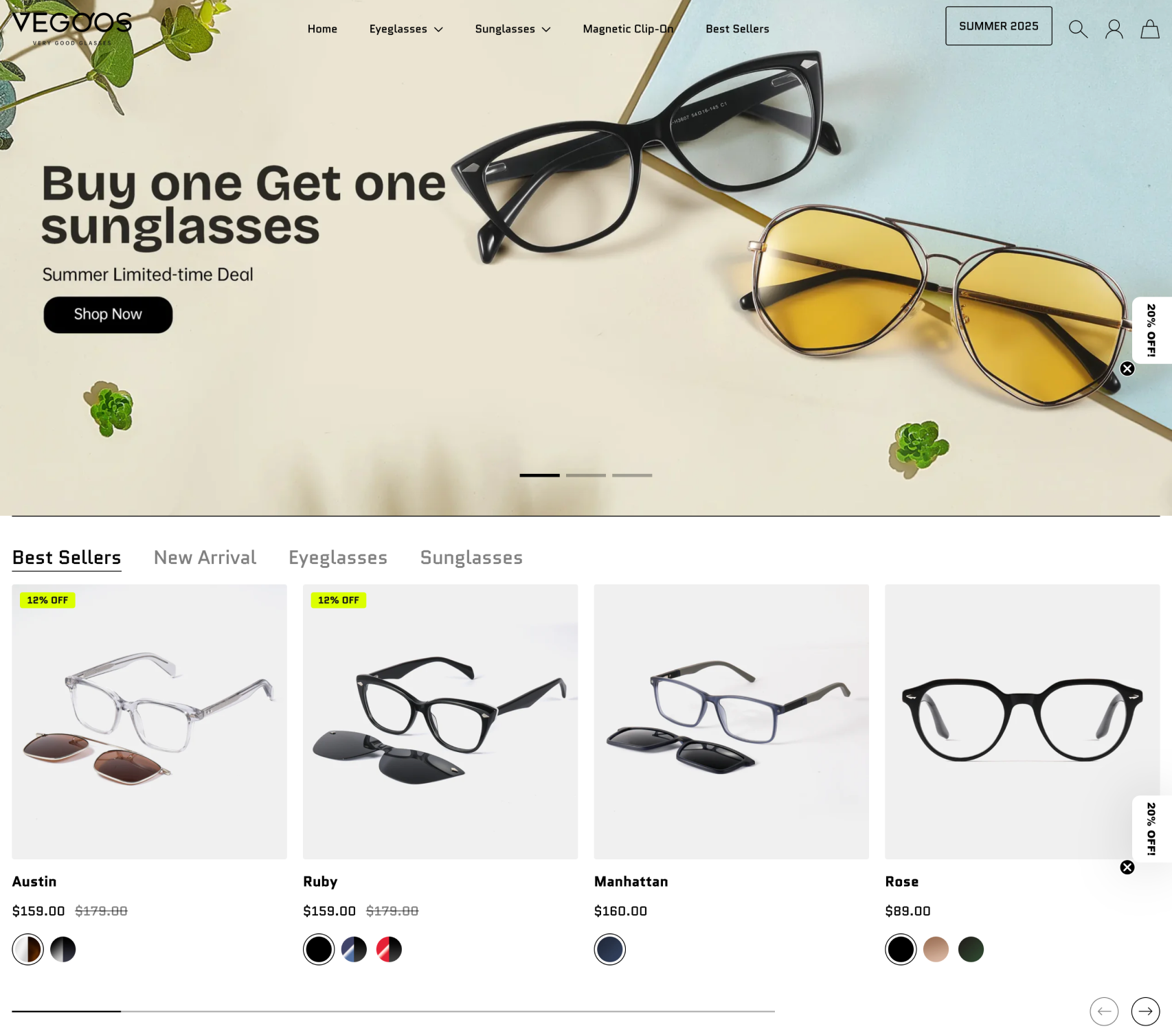 VEGOOS website homepage with promotional text and product listings.