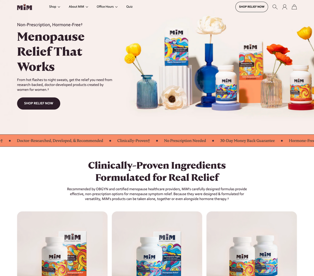 MIM Menopause Relief products on a website homepage with text about clinically-proven ingredients.
