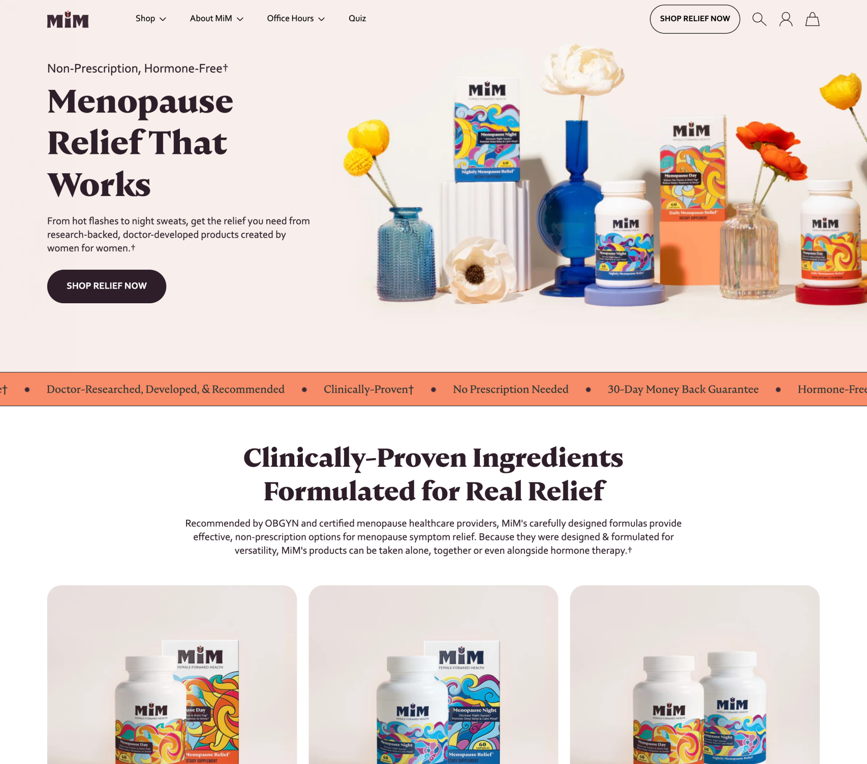 MIM Menopause Relief products on a website homepage with text about clinically-proven ingredients.