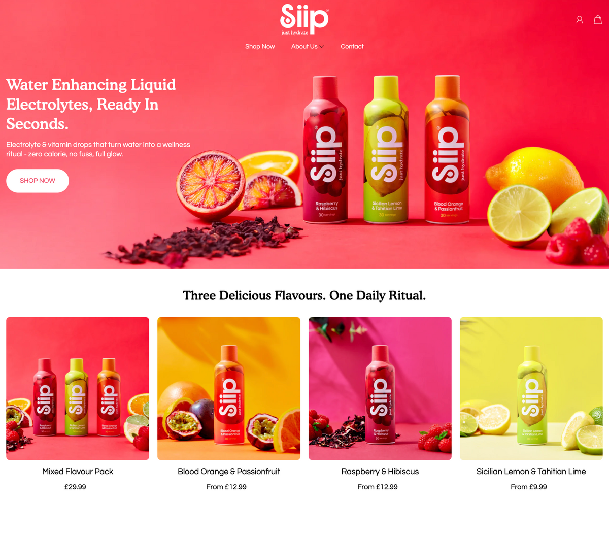 Siip electrolyte drinks with colorful packaging on a red background