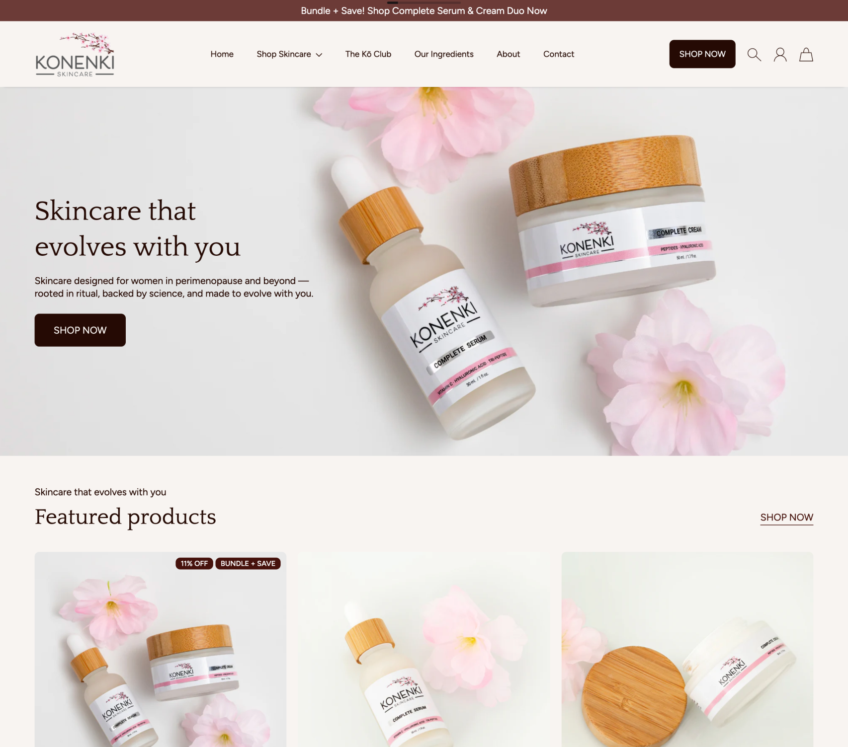Konenki skincare products with flowers on a white background
