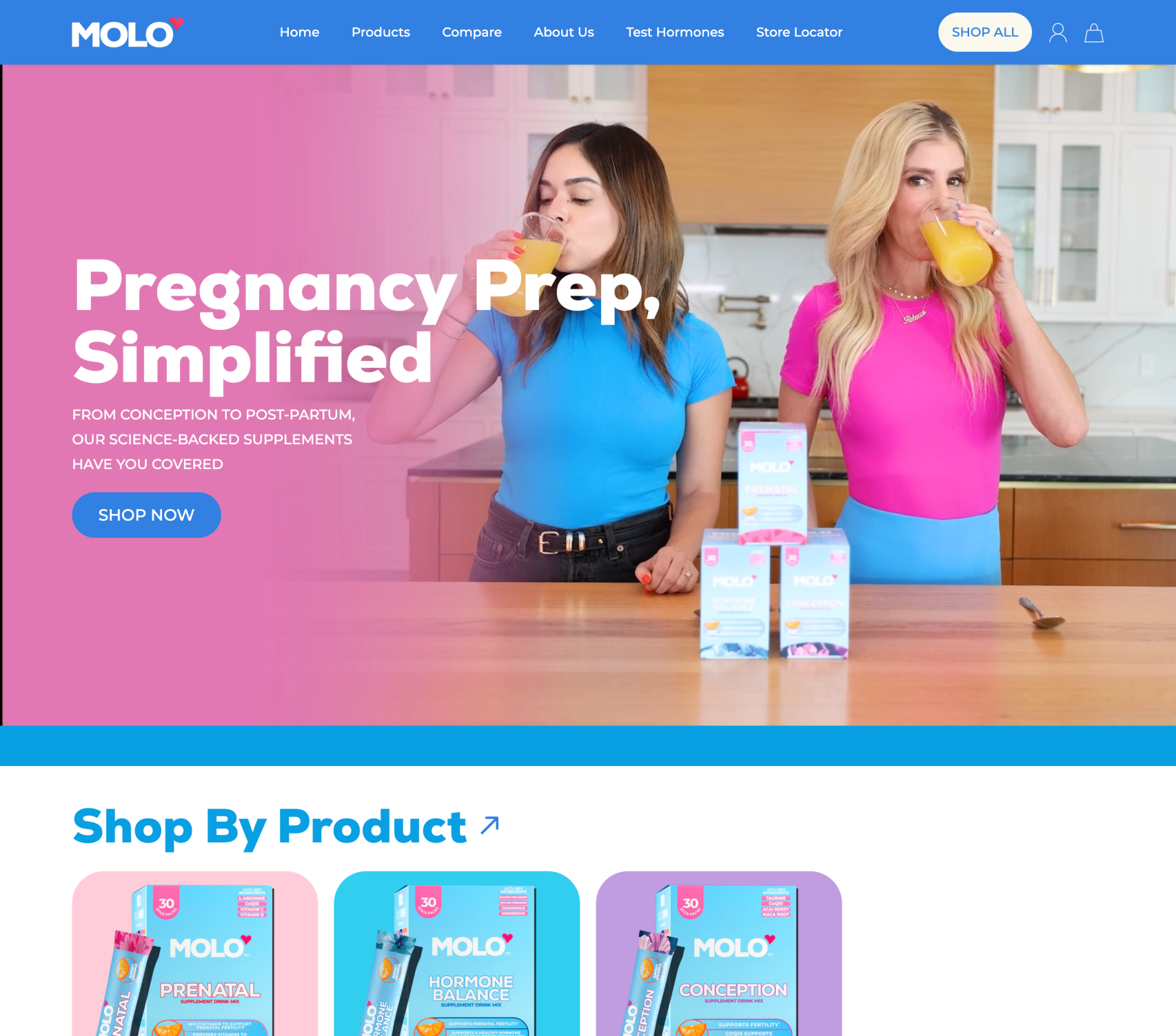 Molo website homepage with two women drinking from boxes labeled 'Pregnancy Prep'.