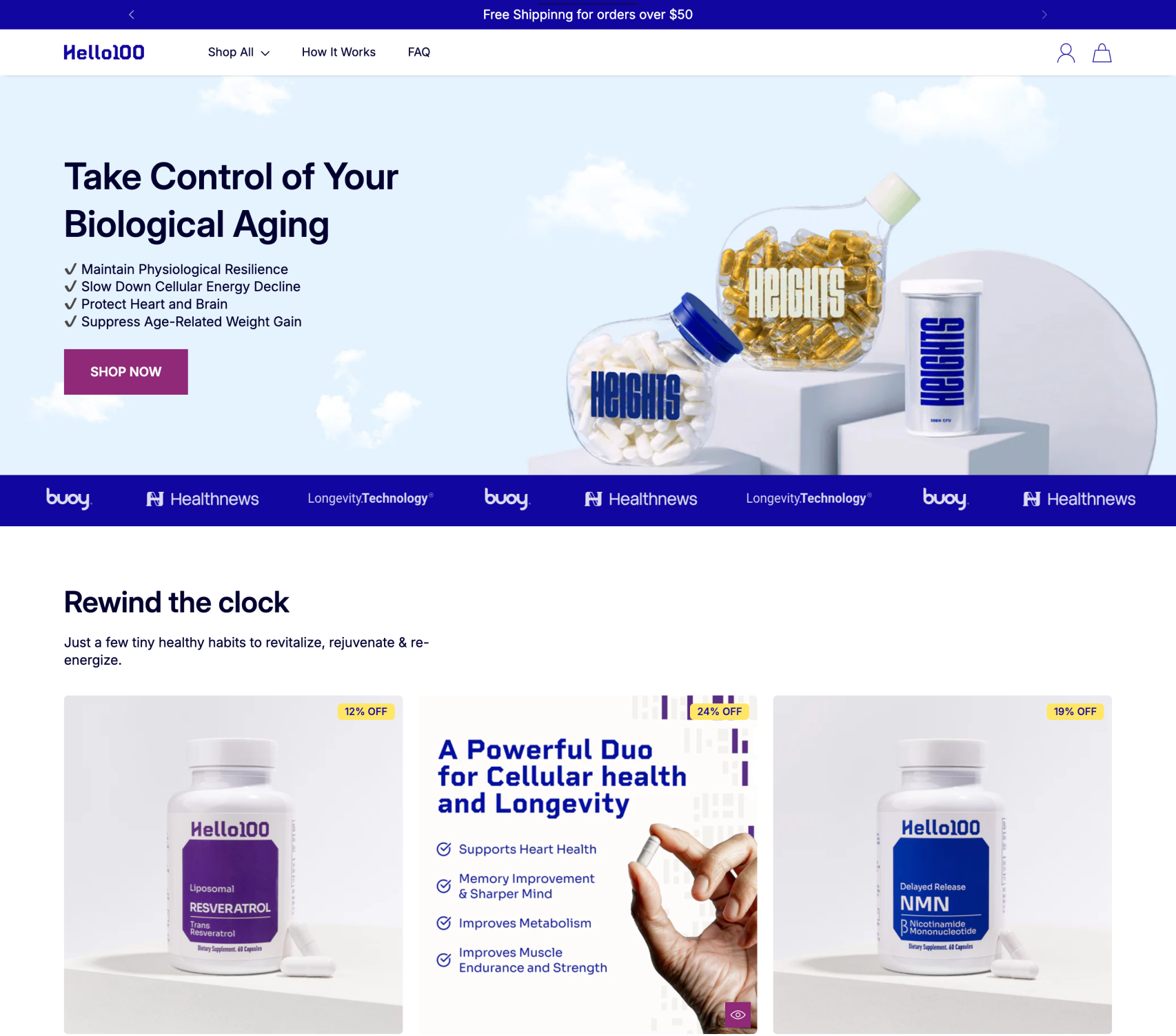 Website page for a health and wellness brand with product packaging and promotional text.