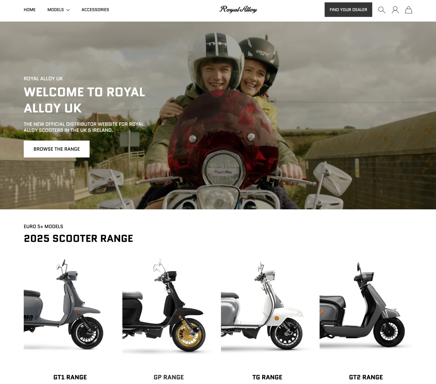 Royal Alloy UK website homepage with scooter models and promotional image of two people on a scooter.