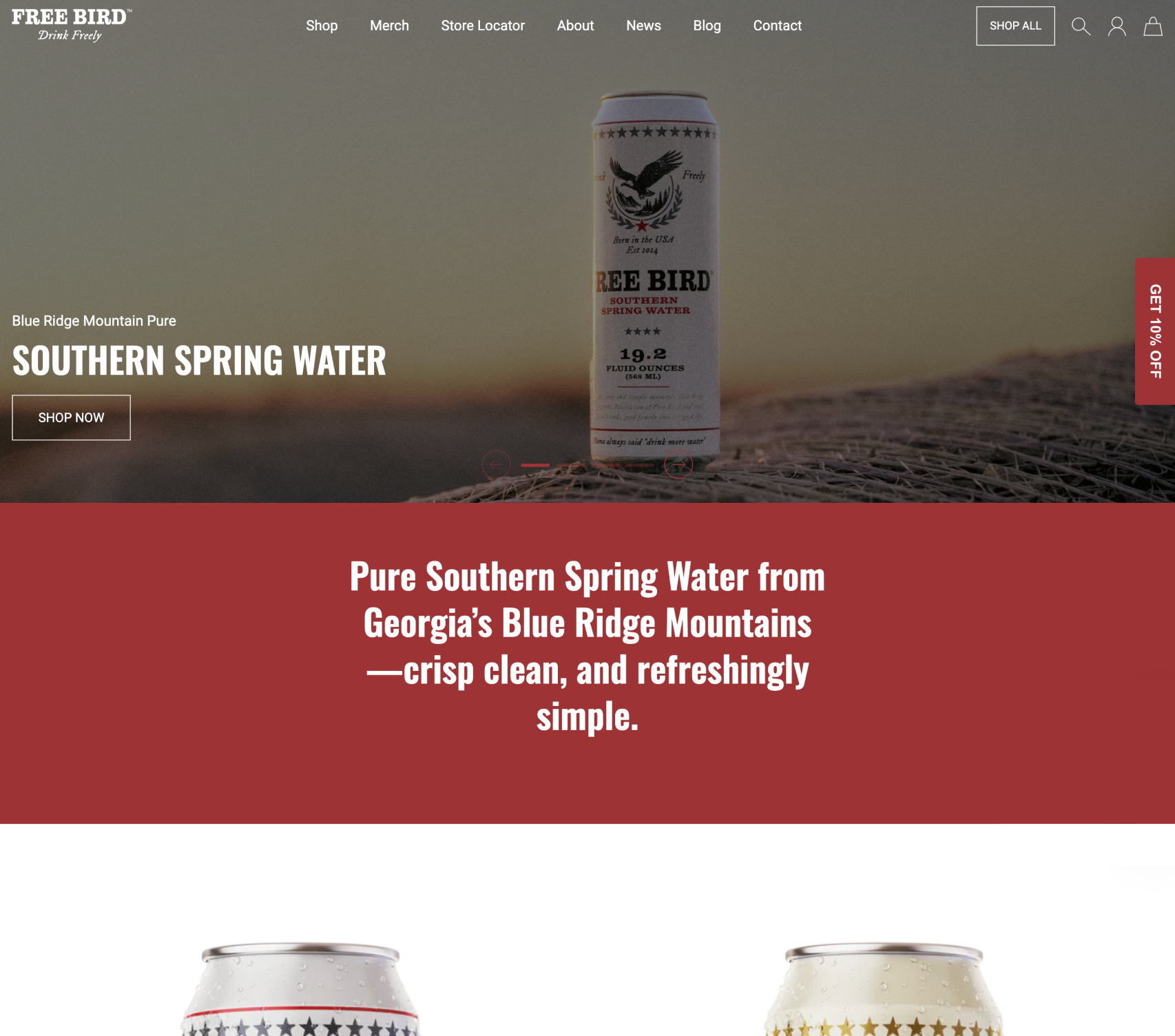 Free Bird Southern Spring Water can on a website homepage with branding and product display.