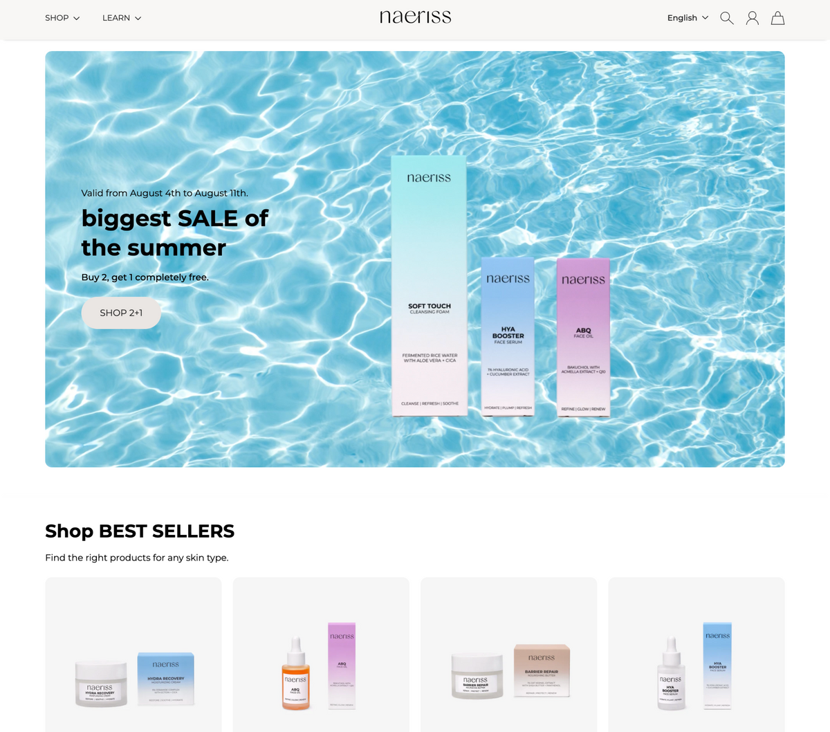 Nacрис skincare products on a blue water background with sale promotion text.