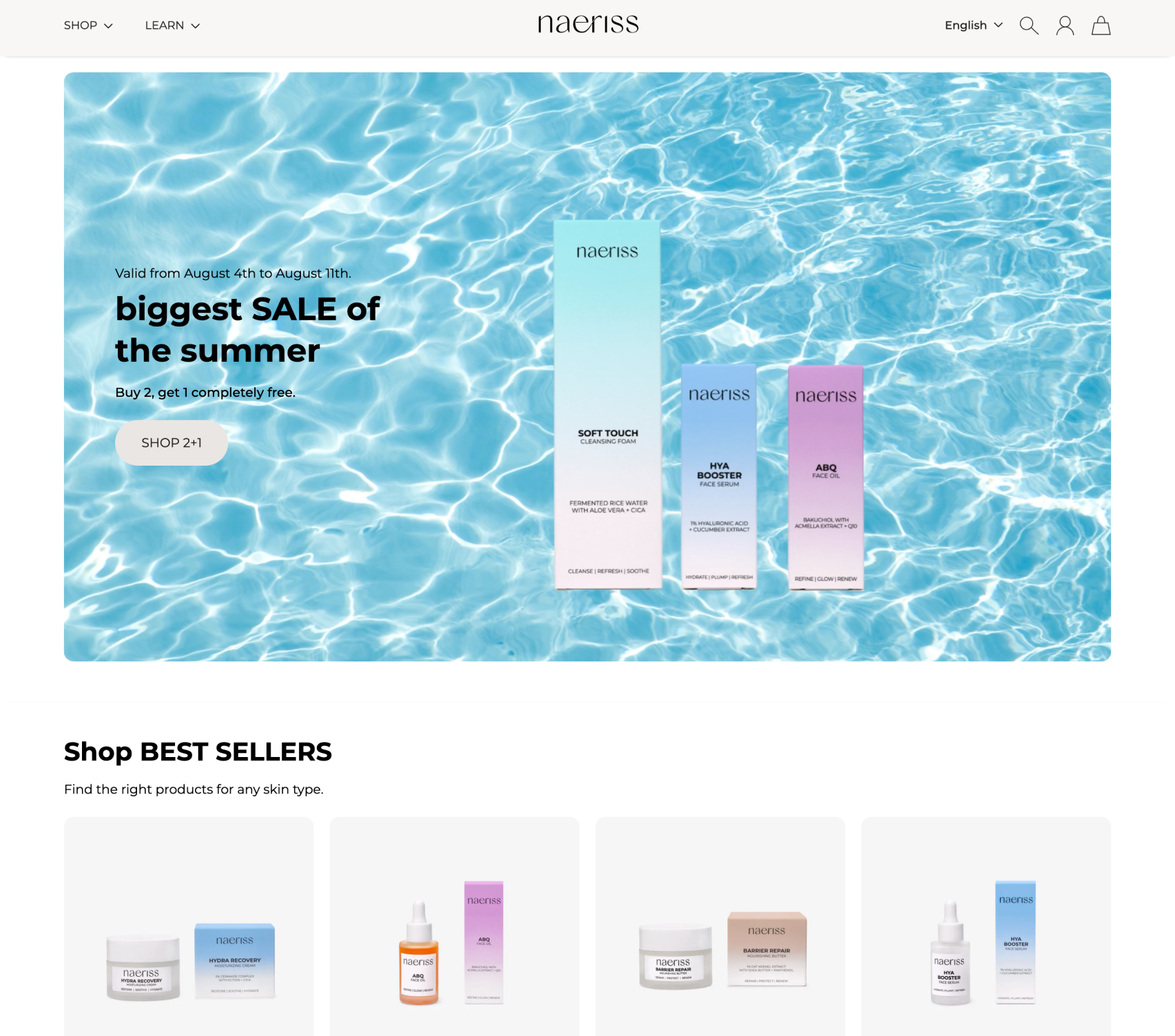 Nacрис skincare products on a blue water background with sale promotion text.