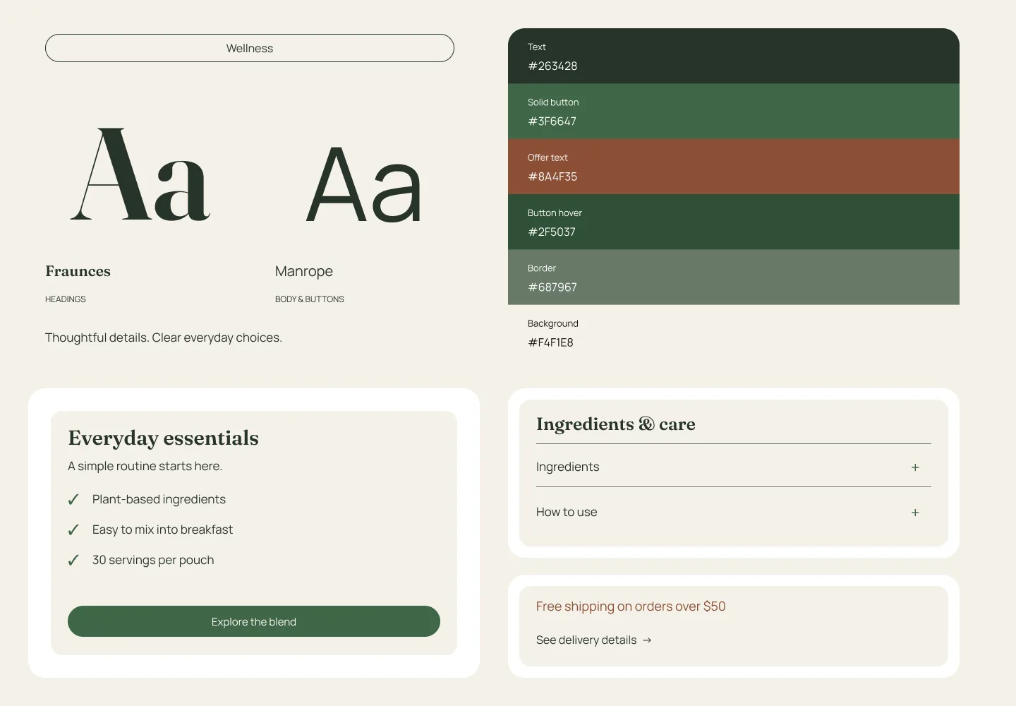 Wellness palette and type specimen: Fraunces headings beside Manrope body text, a swatch stack running from cream to deep green with a clay accent, and sample product cards set in them.