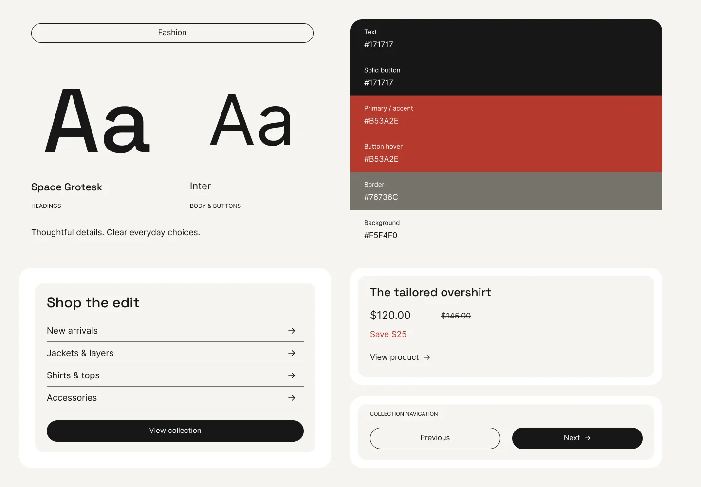 Fashion palette and type specimen: Space Grotesk headings beside Inter body text, a near-black and red swatch stack, and a sample collection list and product card set in them.