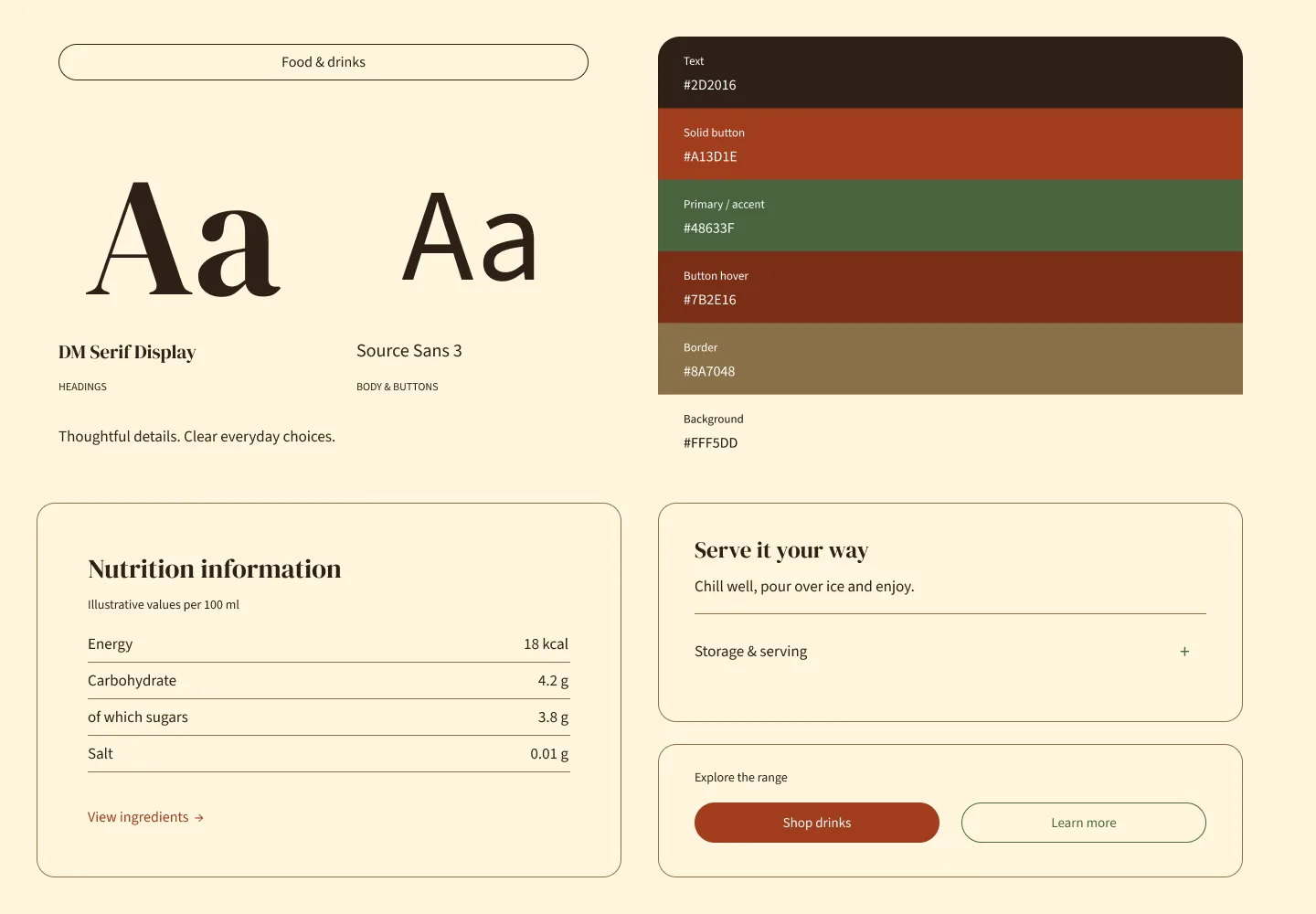 Food and drinks palette and type specimen: DM Serif Display headings beside Source Sans 3 body text, a swatch stack of the palette listed below, and sample product cards set in them.
