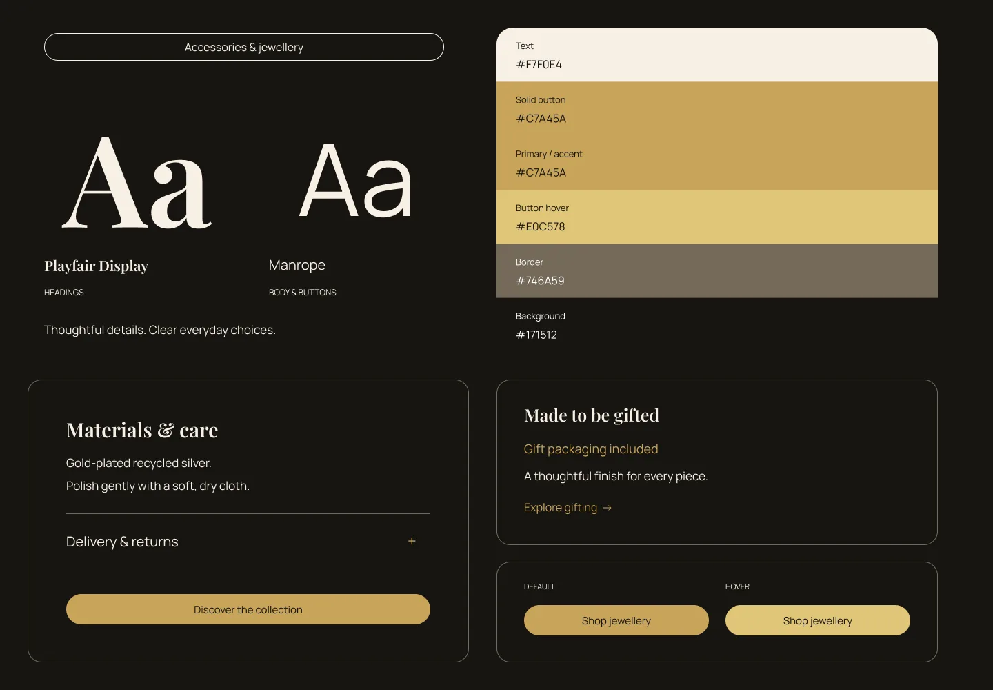Accessories and jewellery palette and type specimen: Playfair Display headings beside Manrope body text, a swatch stack of the palette listed below, and sample product cards set in them.
