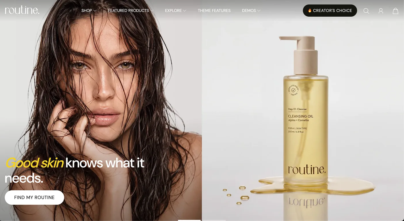 Routine demo homepage hero showing a model beside a cleansing oil product with a Find My Routine button