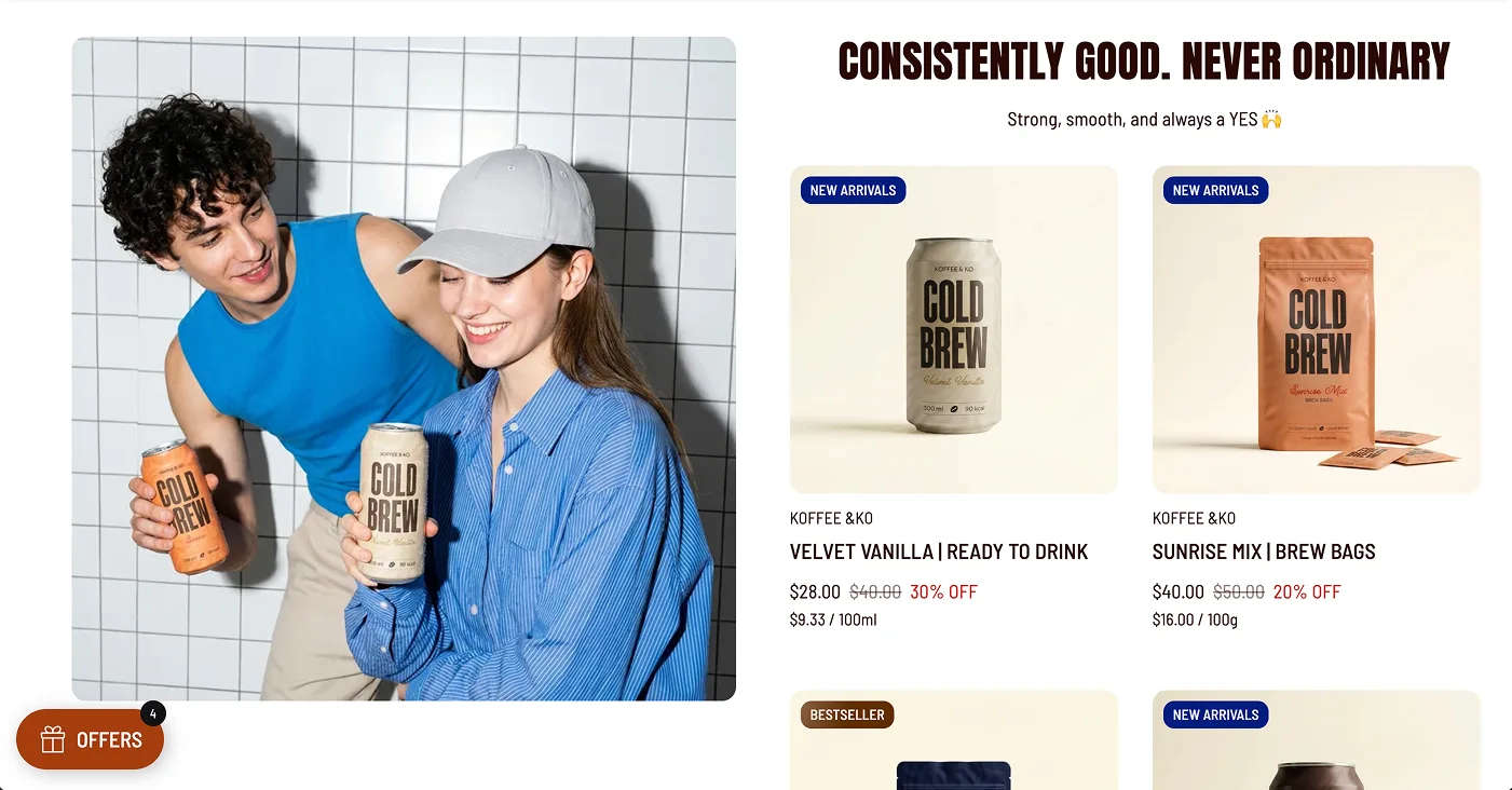 Food and drinks Featured collection showing a lifestyle image beside four cold brew products with names and prices