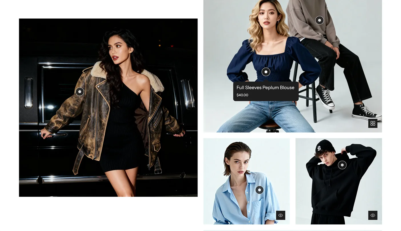 Fashion Lookbook showing multiple styled looks with product names and prices
