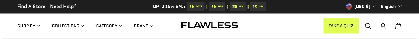 Flawless desktop Header with announcement, navigation links, centered logo, highlighted action, search, account, and cart icons
