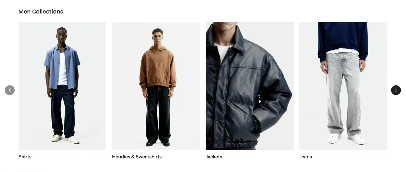 Flawless Collections Mega Menu displaying four menswear collection cards in a carousel