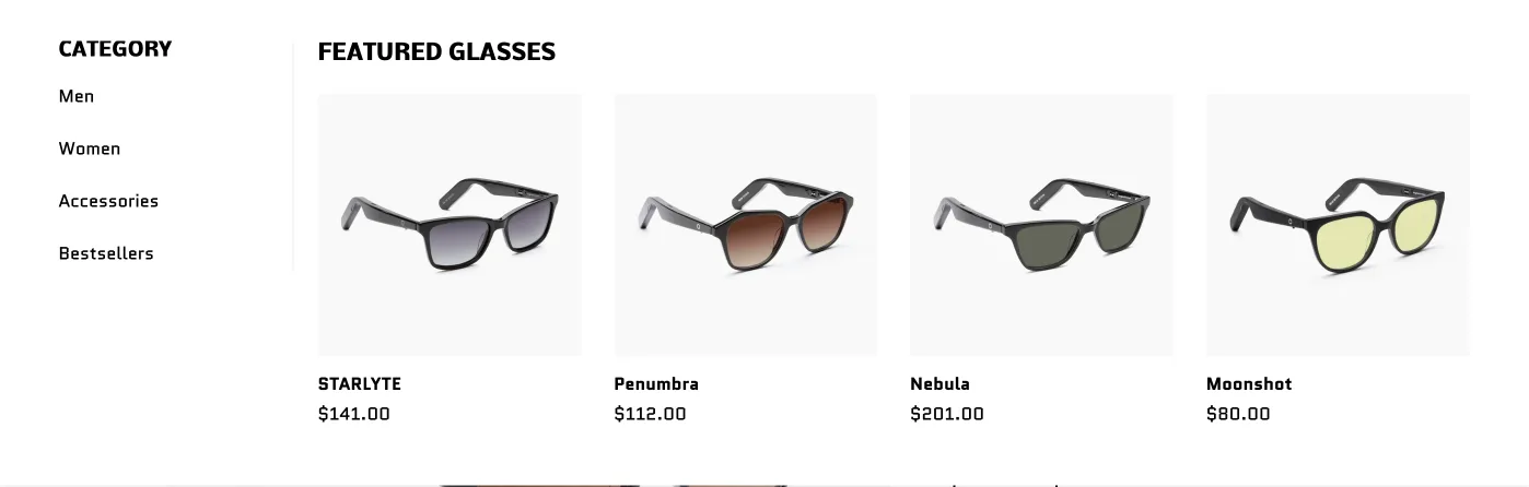Flawless Product Mega Menu with category links and a focused row of featured glasses
