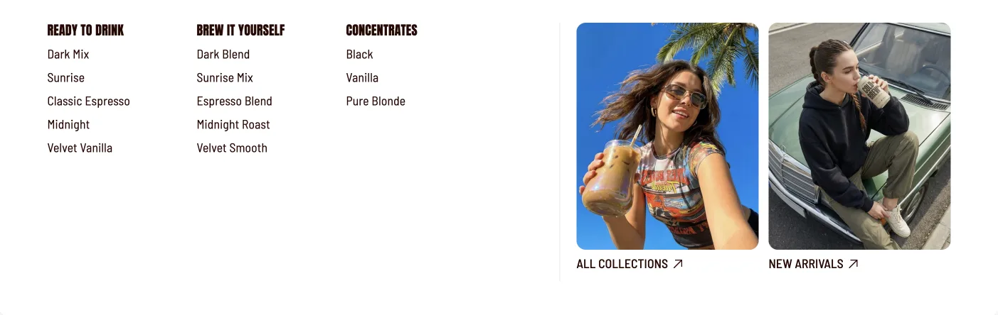 Flawless Promotional Mega Menu combining category links with two campaign images