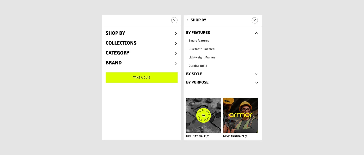 Flawless mobile navigation drawer with grouped menu items and two promotional cards
