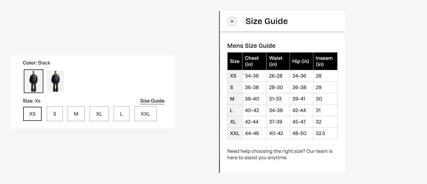 Flawless product page showing variant choices and an open Guide drawer