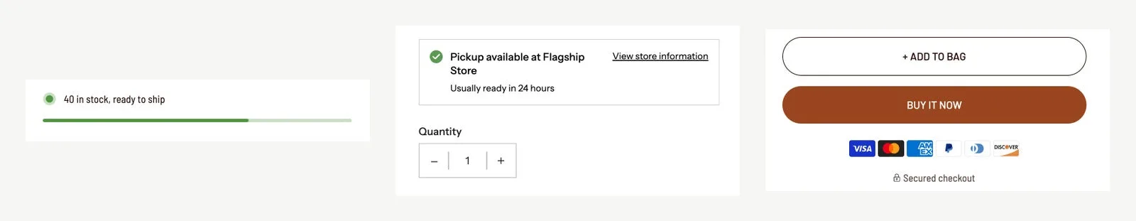 Flawless product page showing stock alert, pickup, quantity, and purchase controls