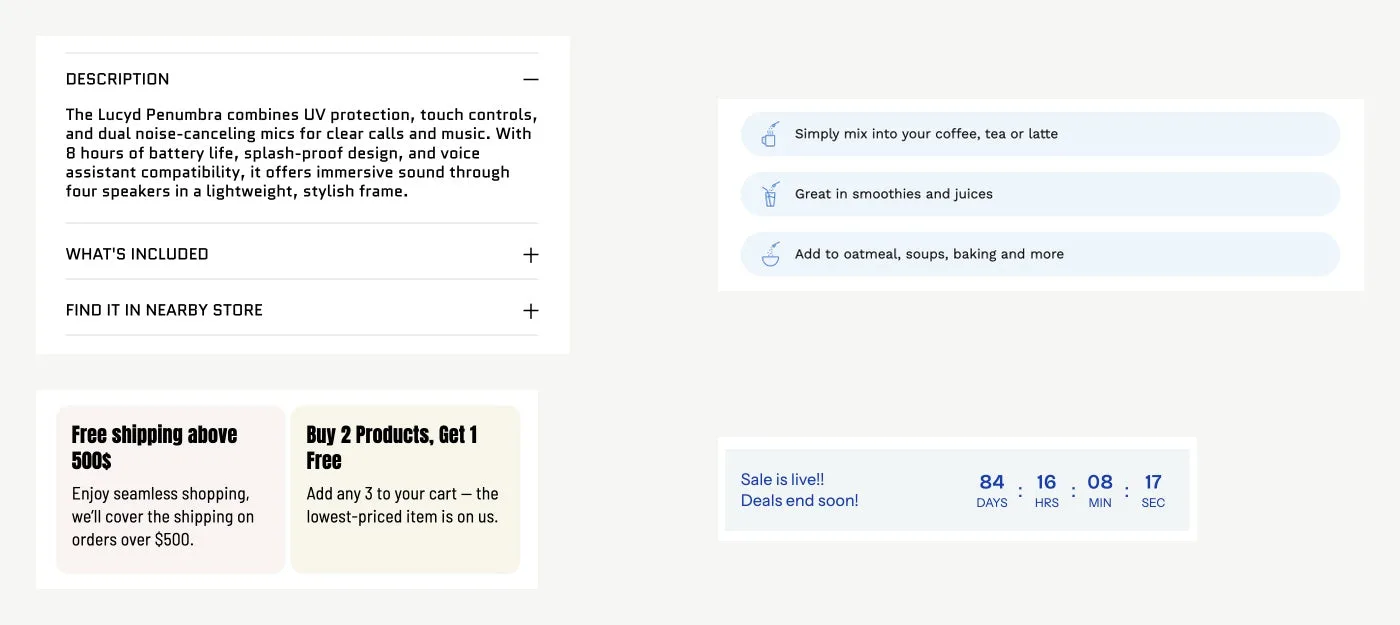 Flawless product page showing collapsible details, icon badges, offer highlights, and a sale countdown