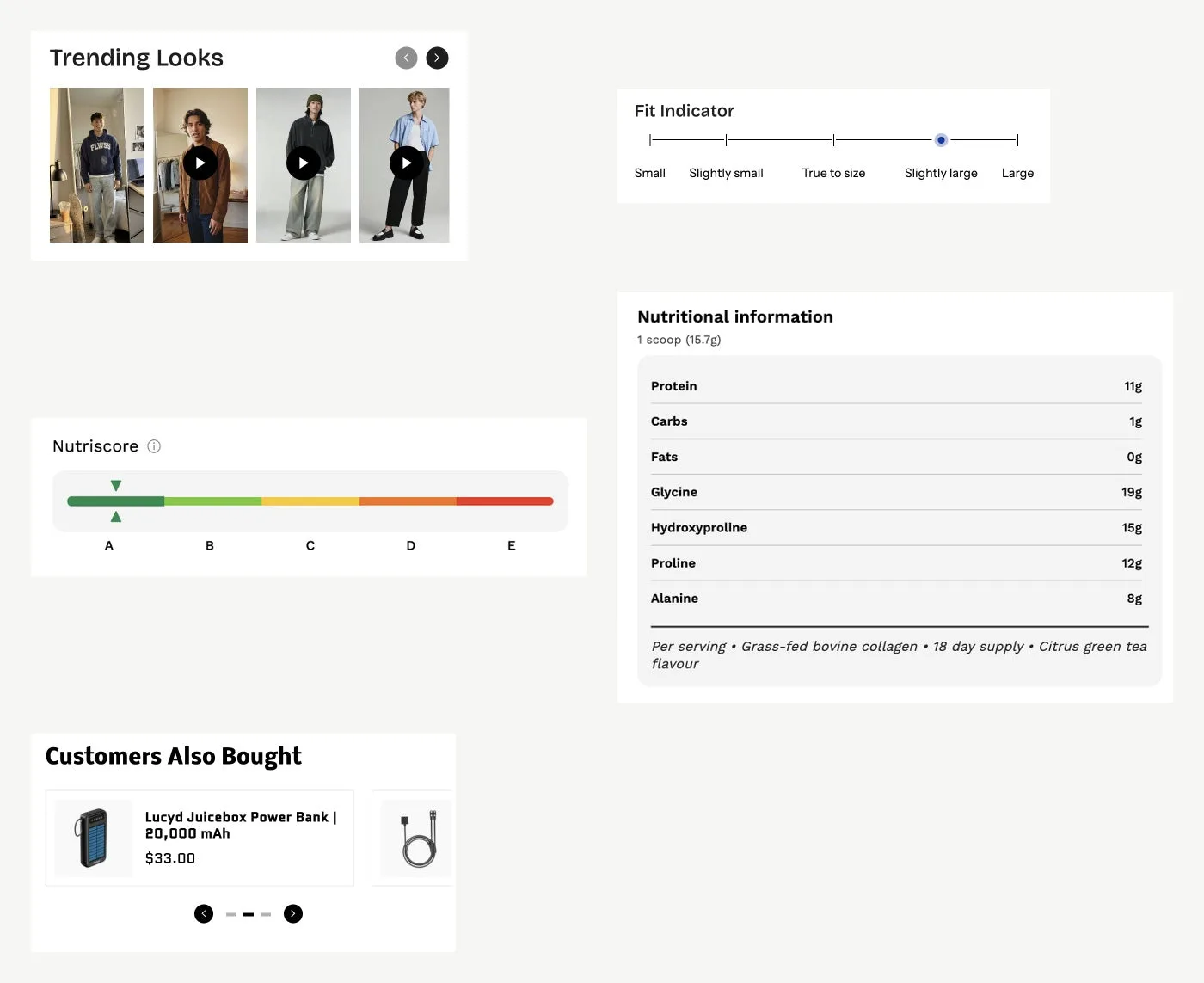 Flawless product page showing UGC video, fit guide, Nutri Score, nutrition information, and complementary products