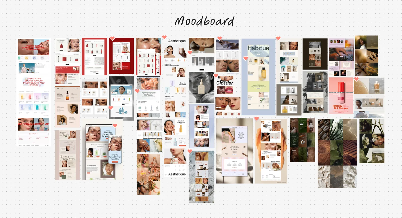 A moodboard of dozens of skincare and beauty storefront screenshots and product photographs, several flagged with a heart.