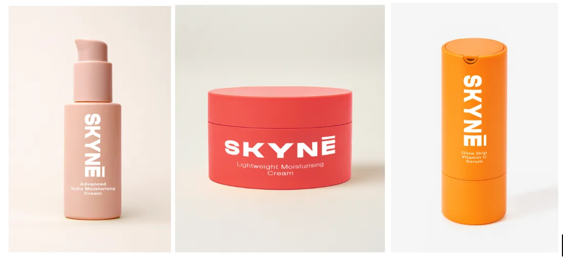 Three AI-generated product renders for the fictional brand SKYNE: a pale pink pump bottle, a red moisturiser jar and an orange serum bottle.