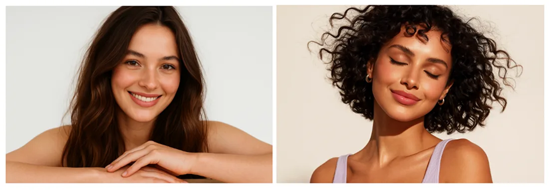 Two AI-generated model portraits for the preset: one woman with long brown hair smiling at the camera, one with short curly hair and her eyes closed.