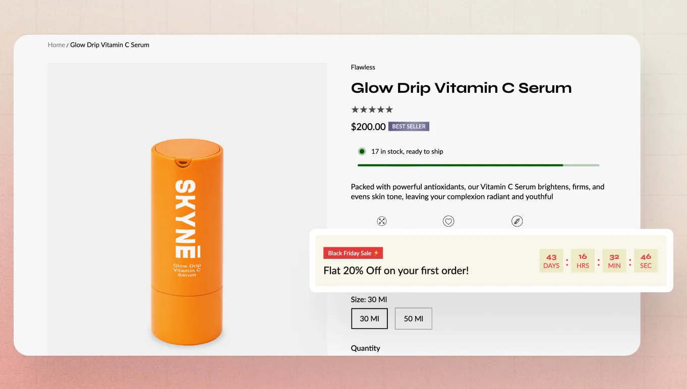 Product page featuring countdown timer showing urgency before purchase.