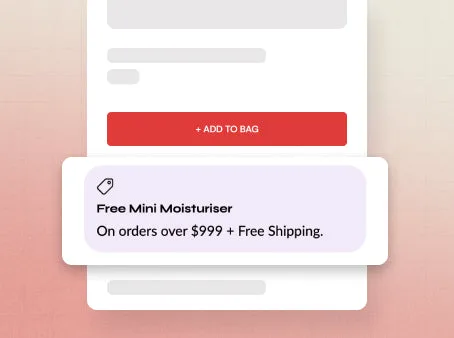 A product page with a red Add to bag button, and a gift card overlaid on it offering a free mini moisturiser on orders over a threshold, with free shipping.