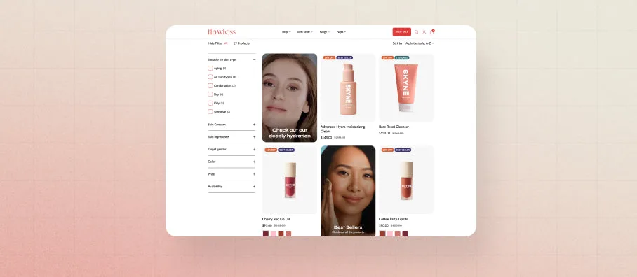 Skincare collection grid highlighting weekend sale banner within product tiles.